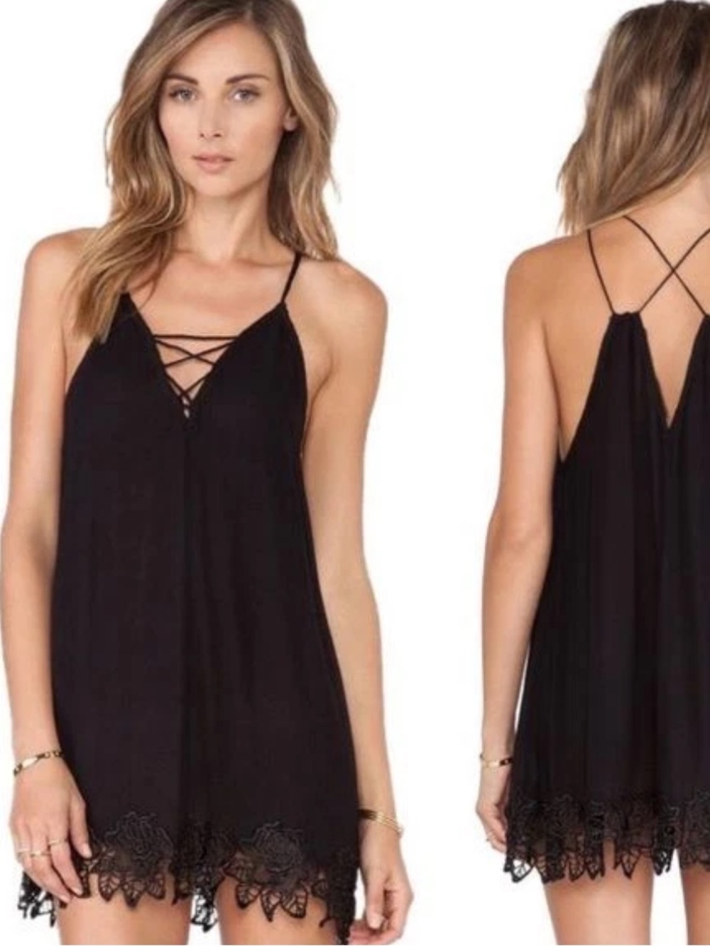 Free People Wicked Spell Sleeveless Lace Mini Dress Tunic Top Black Festival Y2K
